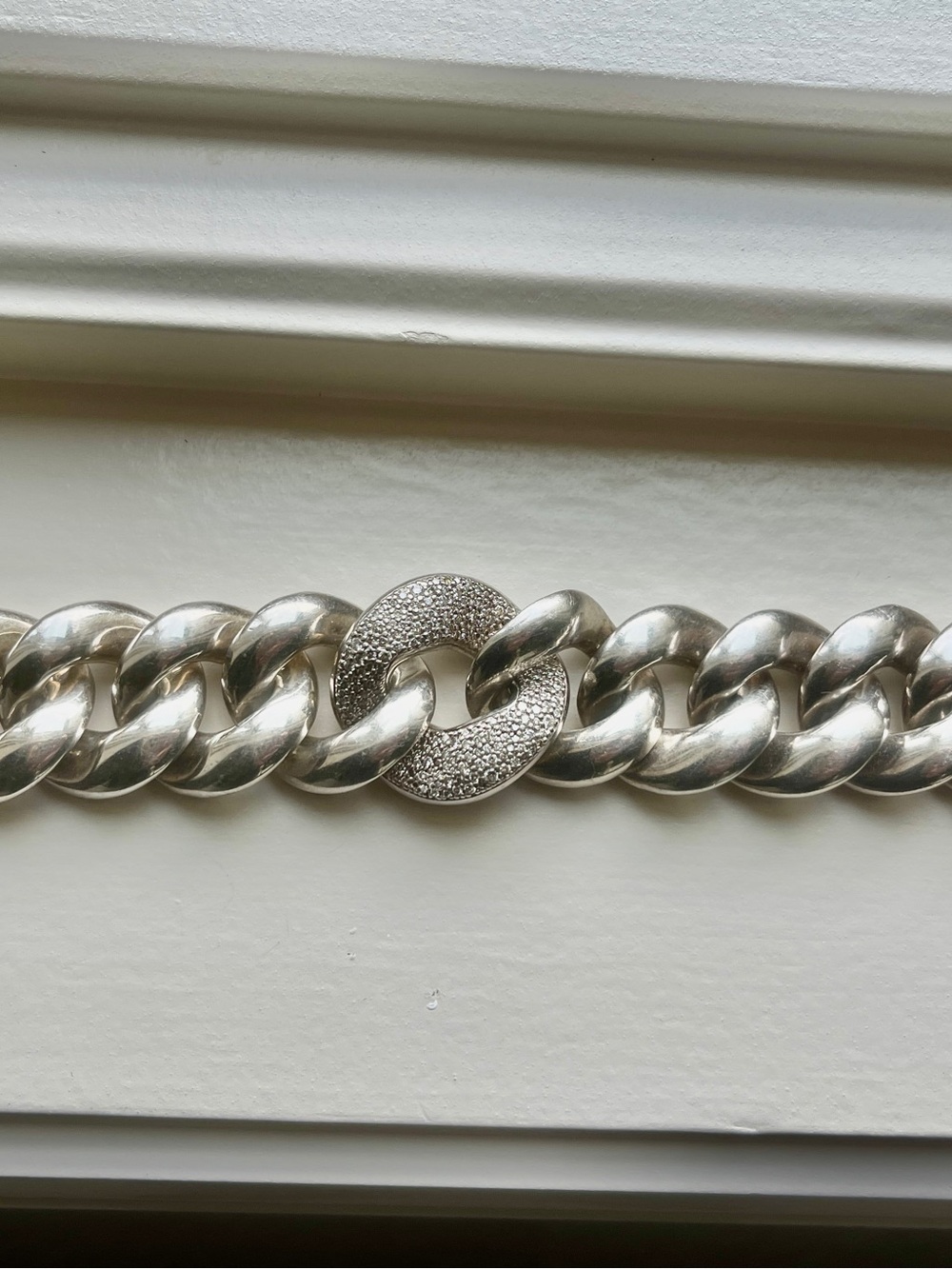 David Yurman Silver Chunky Curb Link Bracelet with Pave diamonds Accent